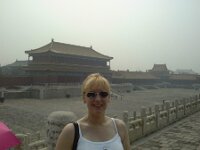 forbiddencity  Rachel in the Forbidden City (will she get told off?). This is where they filmed part of "The Last Emperor". The floor is laid to a depth of 6 feet to prevent assasins being able to dig their way in from below and there are no trees so that no-one can hide. I guess the Emperor was a bit paranoid!